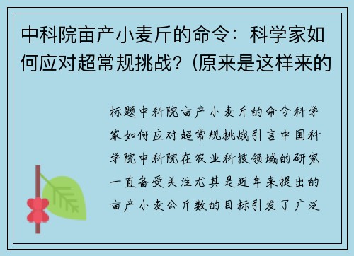 中科院亩产小麦斤的命令：科学家如何应对超常规挑战？(原来是这样来的)